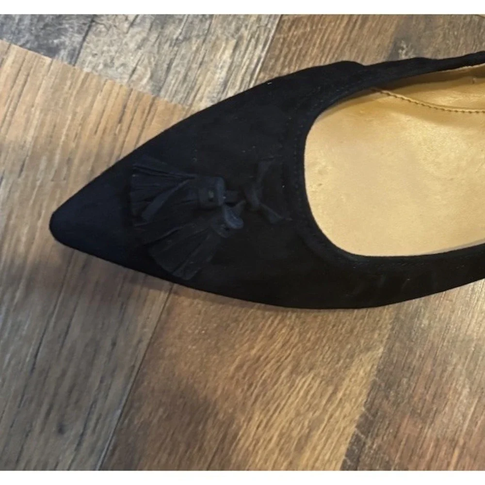 J Crew Lottie Flats Black Suede Slip On Tassel Pointed Toe Womens Shoes 9.5 NIB